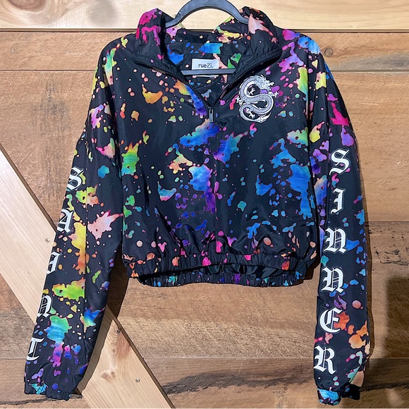 Rue21 Jackets & Blazers - Sinner Splatter Paint Dragon Multi color windbreaker crop top Rue21 Large
